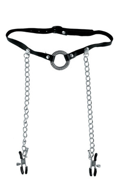 Кляп-расширитель для рта с зажимами на соски O-ring Gag With Nipple Clamps (Цвет: черный с серебряным)