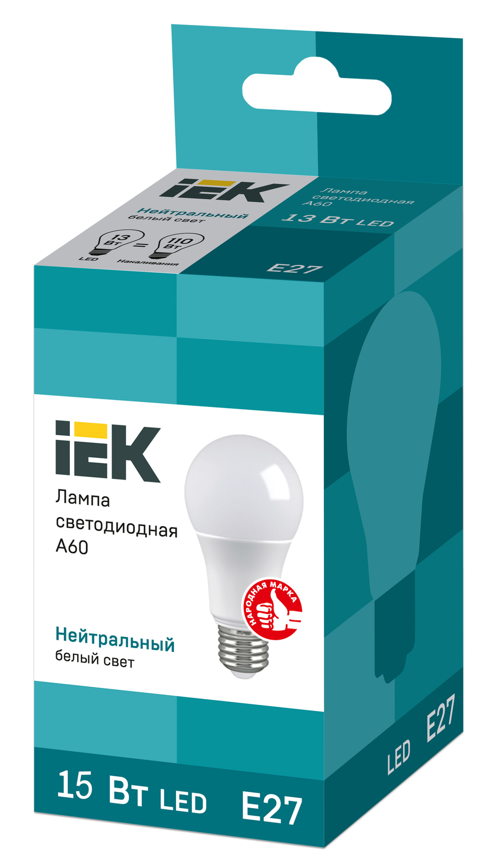 Светодиодная лампа А60 15Вт, Е27, 4000К, холодный свет IEK