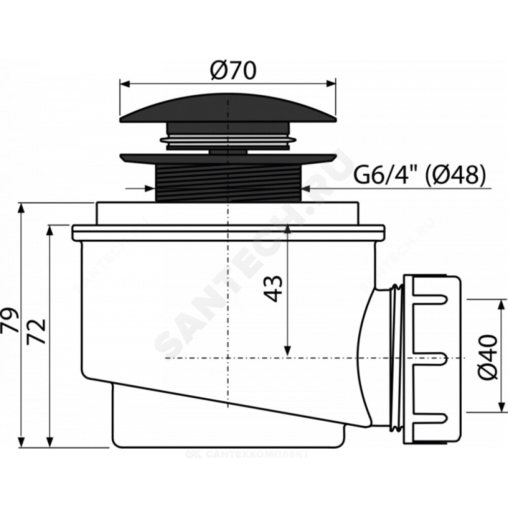 Сифон для поддона 1 1/2"x50/40 h=72мм слив клапан "клик-клак", пробка D=70мм черный матовый Alca Plast A465BLACK-50