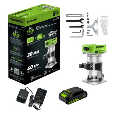 Фрезер кромочный Greenworks G24RO, 24V, б/щет,1х2Ач, ЗУ, 3502507CUA