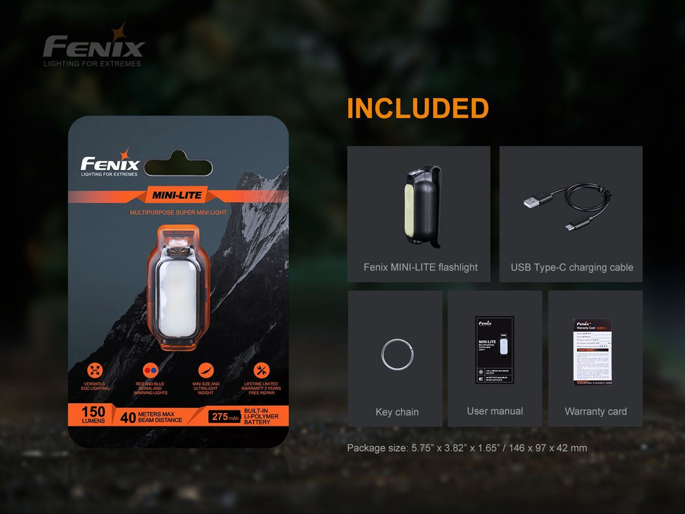 Фонарь Fenix MINI-LITE аккумуляторный, Type-C, белый, красный и синий свет, маячок, клипса