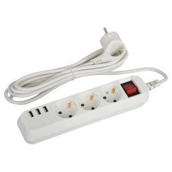 Удлинитель электрический ЭРА U-3es-3m-USB c заземлением с выключателем 3 розетки + 3xUSBA 3м 10А | Электротовары