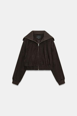 ZARA КОРОТКАЯ КУРТКА С ВОРОТНИКОМ В РУБЧИК, ТЕМНО-КОРИЧНЕВЫЙ