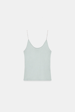 ZARA ТРИКОТАЖНЫЙ ТОП С БУСИНАМИ, ЖЕМЧУЖНО-СЕРЫЙ