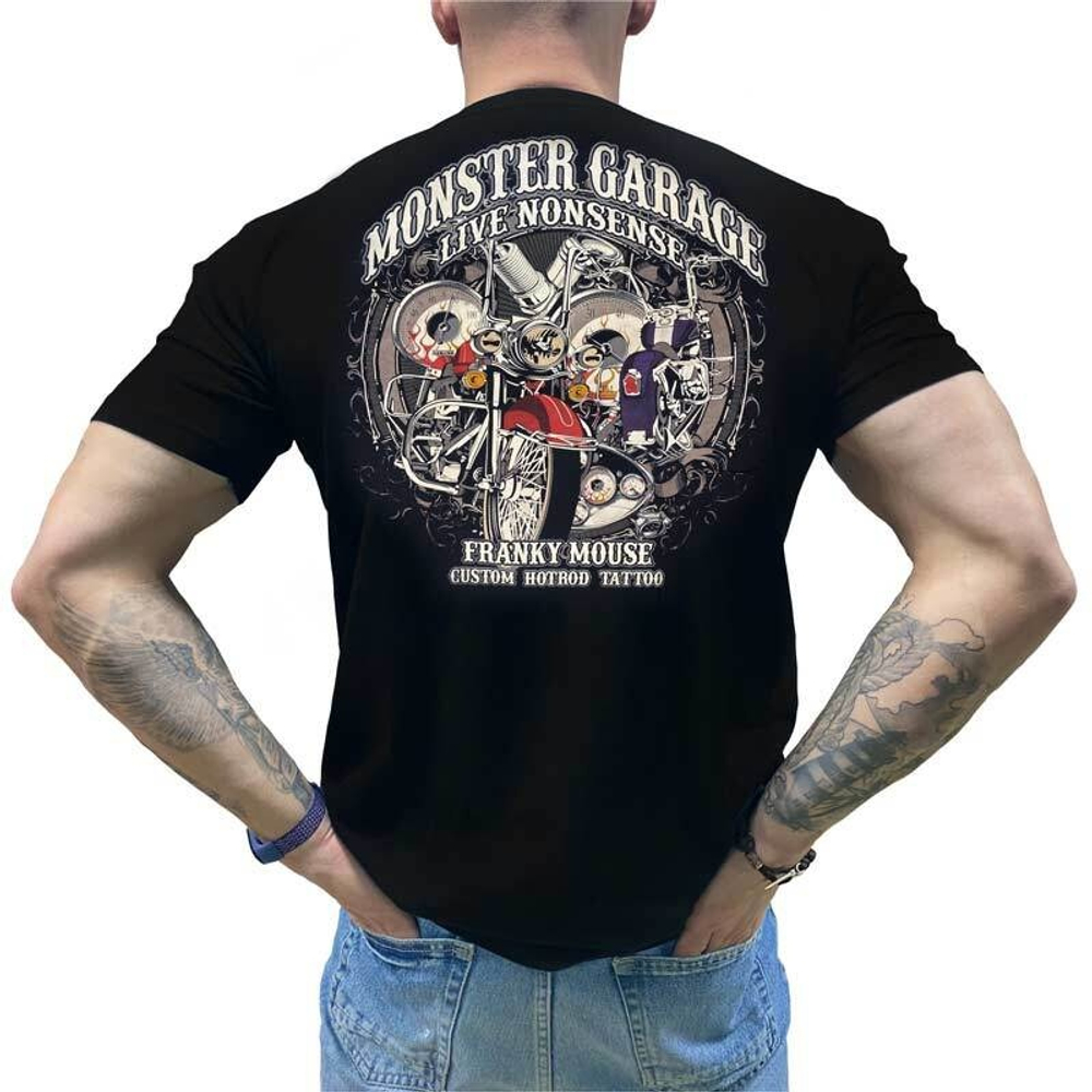 Футболка Franky Mouse Monster Garage Live nonsense Custom hotrod tattoo (S / черный)