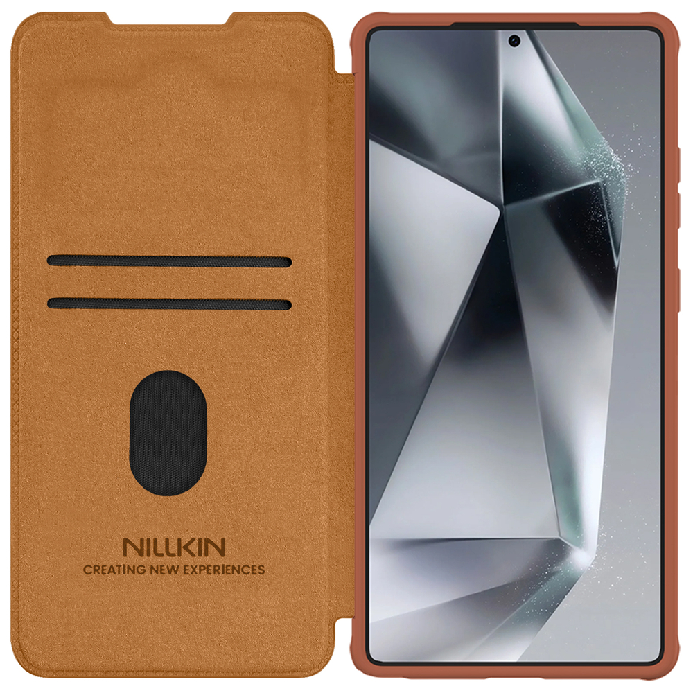 Кожаный чехол книжка коричневого цвета от Nillkin для Samsung Galaxy S25 Ultra, серия Qin Pro Leather с сдвижной защитной шторкой для камеры