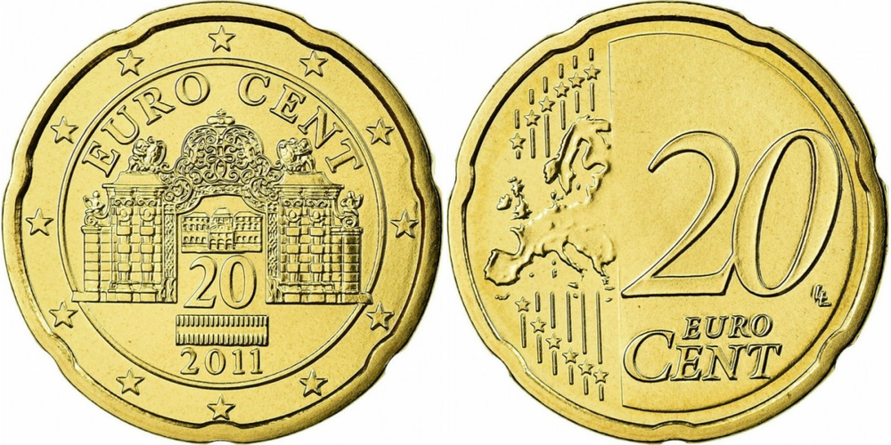 Австрия 20 евроцентов, 2008-2024 Бельведер XF