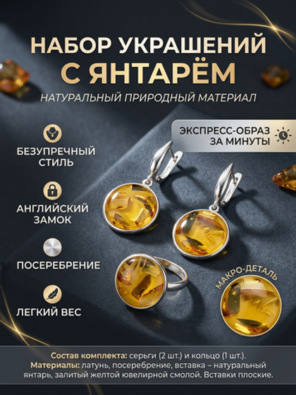 Комплект украшений с янтарём круг малый пеструха желтая