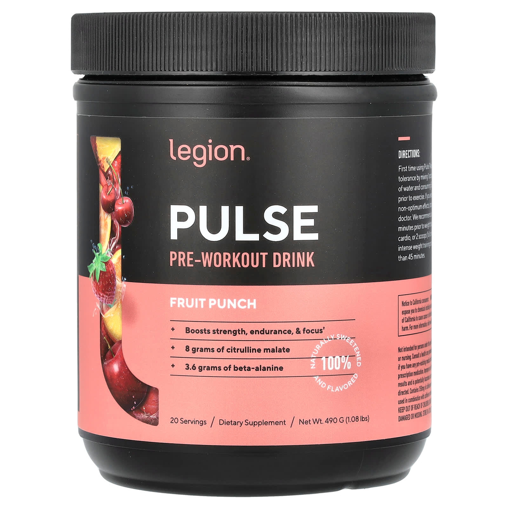Legion Athletics, Pulse, предтренировочный напиток, фруктовый пунш, 490 г