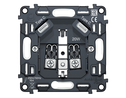 VM165 Механизм электрической розетки 2USB С+C 20W (быстрая зарядка) с/з на винтовых зажимах 16A-250V QUANT