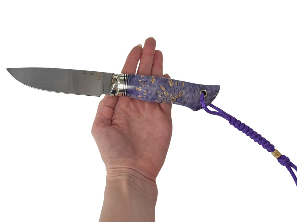 Нож Соболь Premium, Bohler K340, рукоять кап.клёна, мельхиор, темляк, сиреневый