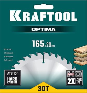 KRAFTOOL Optima, 165 х 20 мм, 30Т, пильный диск по дереву (36951-165-20)