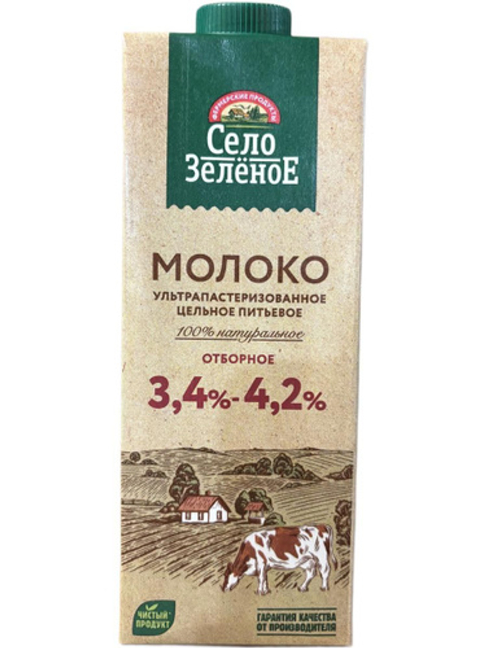 Молоко питьевое цельное ультрапастеризованное отборное, м.д.ж., 3,4-4,2 % ТМ Село Зеленое, 0,95 л*12 (19.06.2026-16.12.2026)