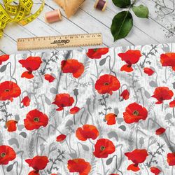 Ткань дюспо красные маки и серые стебли