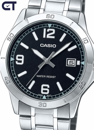 Casio MTP-V004D-1B2 General часы наручные мужские — чёрный циферблат с арабскими цифрами и стальным браслетом