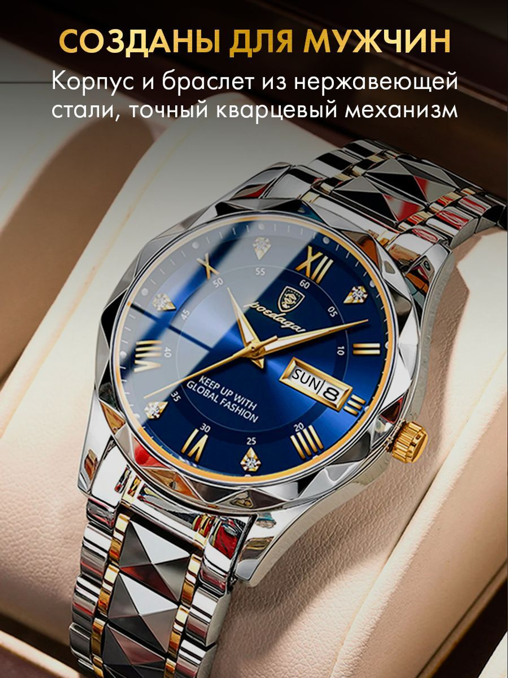 Часы мужские кварцевые THIERS 615 с металлическим браслетом (серебро, желтое золото, синий)