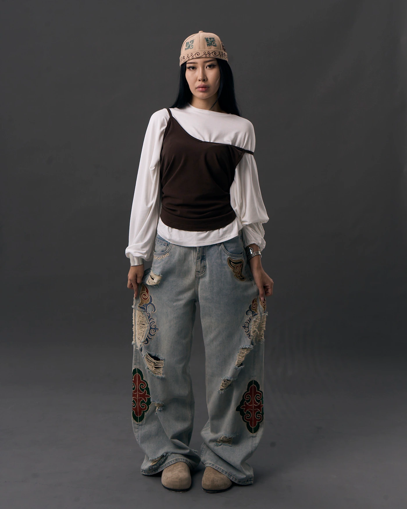 Vintage Grey Blue Jeans with Embroidery and Artistic Distressing