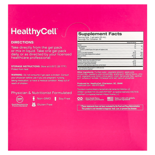 HealthyCell, Vibrant Hair, Skin & Nails, малиновый, 30 гелевых пакетиков по 25 мл (0,84 жидк. Унции)