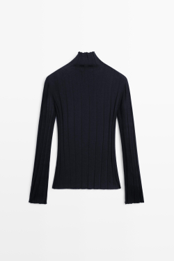 Massimo Dutti Трикотажный свитер в рубчик с воротником-стойкой, темно-синий