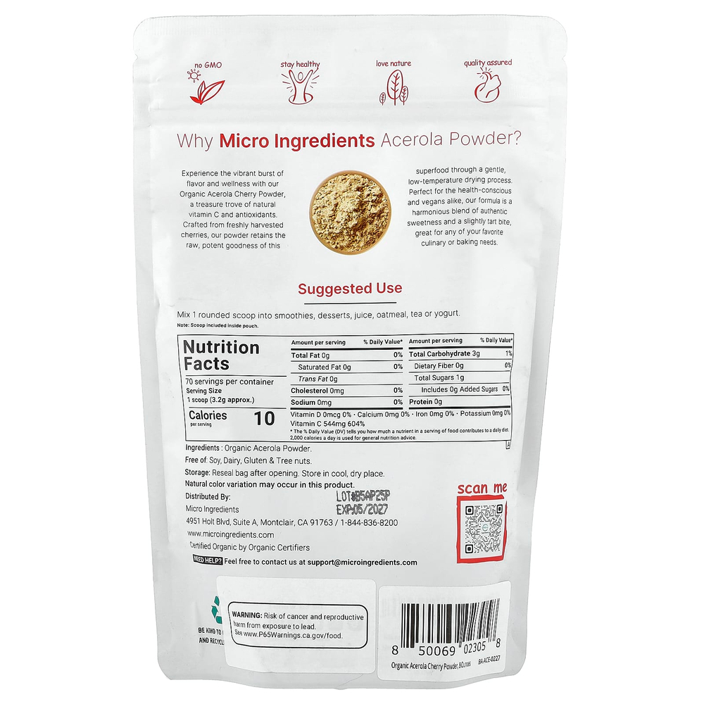 Micro Ingredients, Органическая ацерола в порошке, 227 г (8 унций)