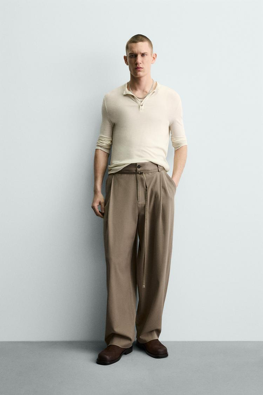 ZARA БРЮКИ BALLOON FIT С ЗАЩИПАМИ И ПОЯСОМ, СЕРО-КОРИЧНЕВЫЙ