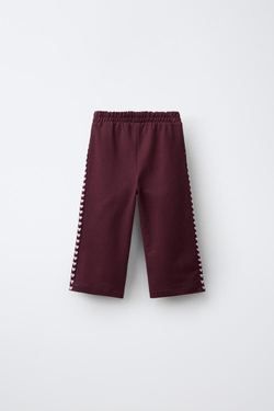 ZARA БРЮКИ WIDE LEG ИЗ ТРИКОТАЖА С ЛАМПАСАМИ И СЕРДЦАМИ, ТЕМНО-БОРДОВЫЙ
