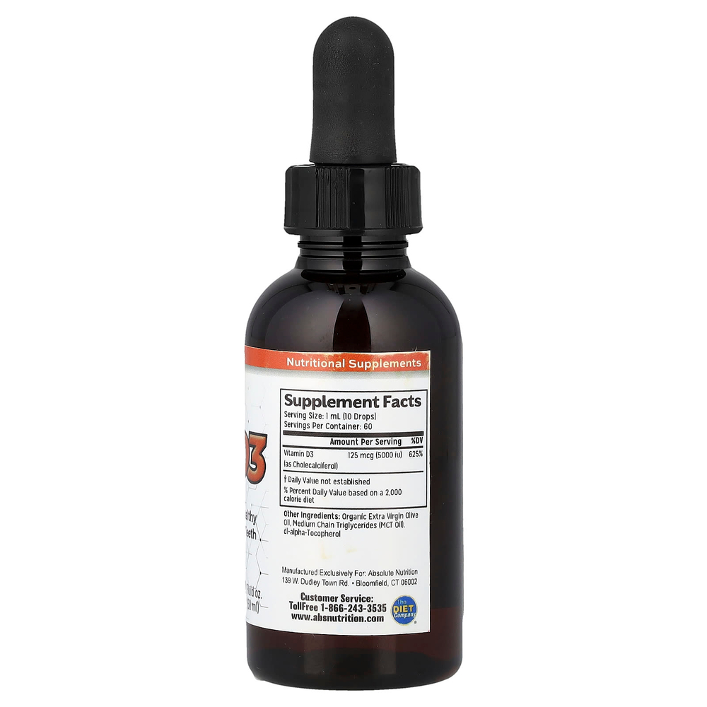 Absolute Nutrition, Витамин D3 в каплях, 5000 МЕ, 60 мл (2 жидк. Унции)