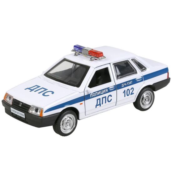 Машина металл LADA-21099 "СПУТНИК" ПОЛИЦИЯ 12 см, двери, багаж, белый, кор. Технопарк