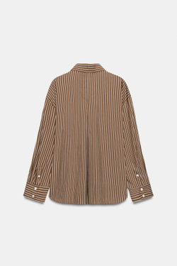 ZARA РУБАШКА ОВЕРСАЙЗ ИЗ ПОПЛИНА В ПОЛОСКУ, КОРИЧНЕВЫЙ/ЭКРЮ