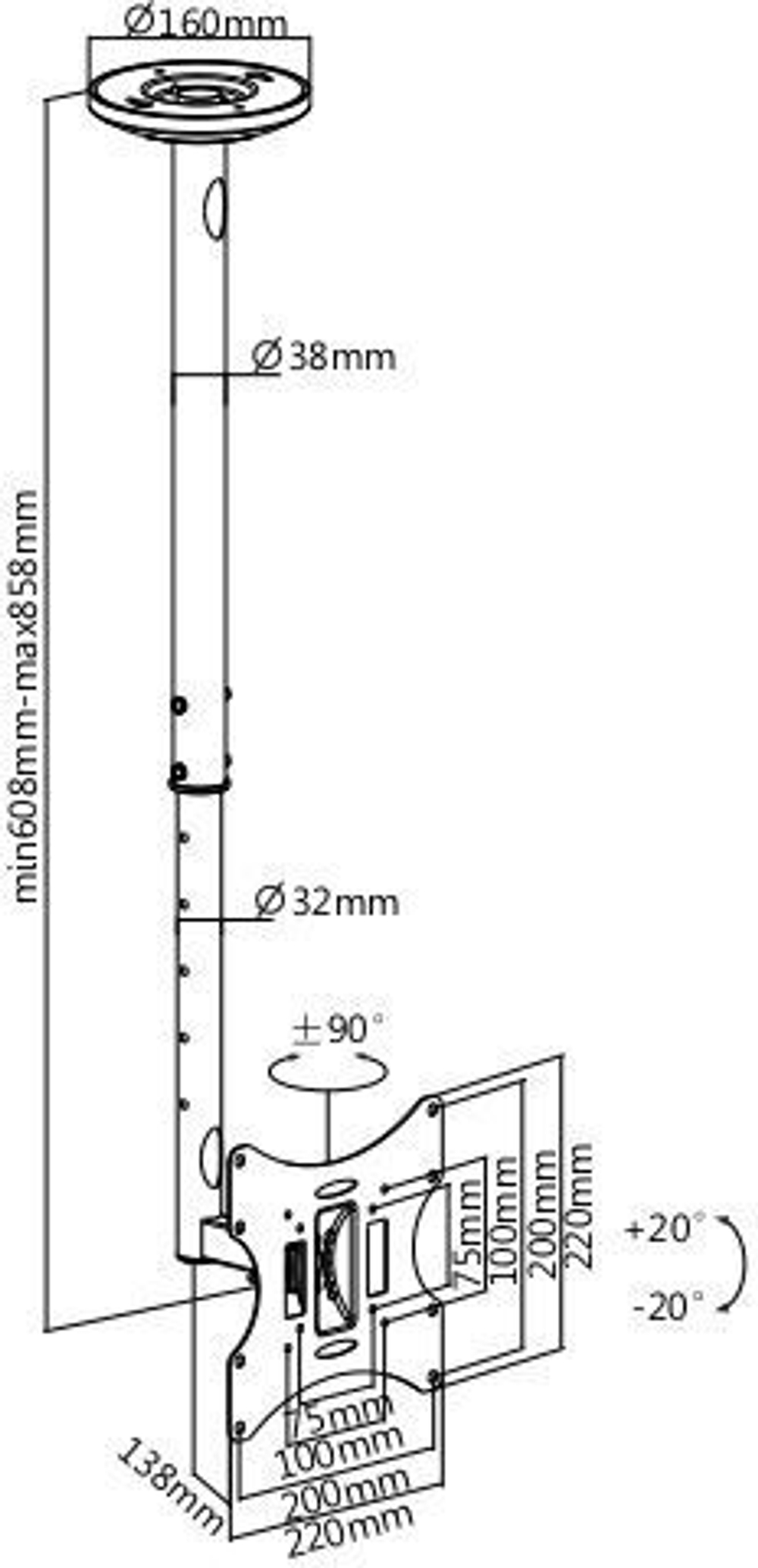 Кронштейн Ultramounts UM 890 23-43" max 30кг VESA 200х200 потолочный поворотно-выдвижной и наклонный