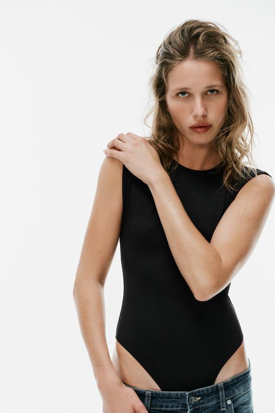 ZARA БОДИ С ВЫРЕЗОМ НА СПИНКЕ И КРУЖЕВОМ, ЧЕРНЫЙ