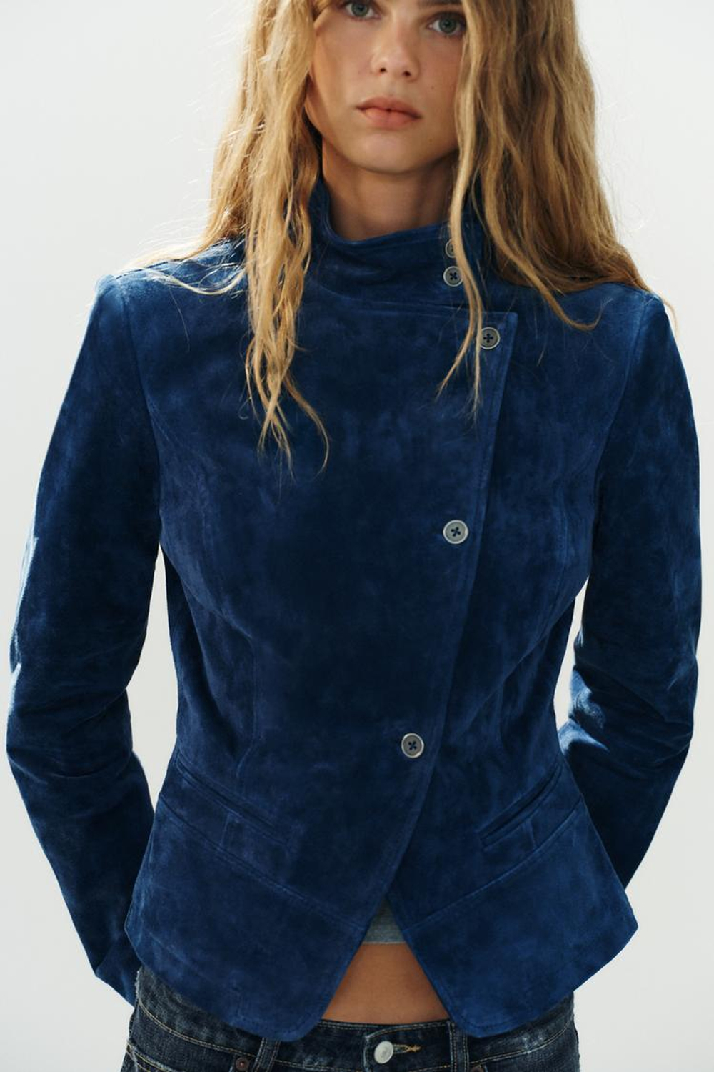 ZARA ДВУБОРТНАЯ КУРТКА ИЗ 100% ЗАМШИ, ИНДИГО