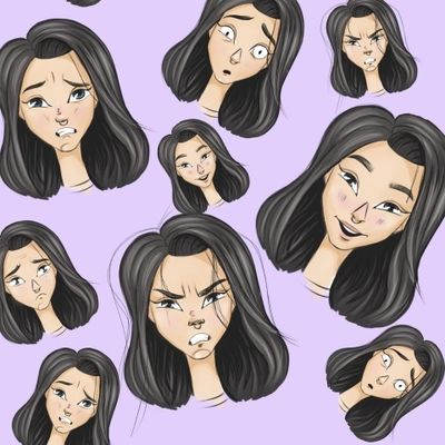 Эмоциональная девушка на лиловом фоне