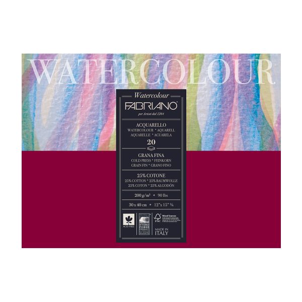 Альбом для акварели Watercolour 200 г/м², 30х40 см, склейка с четырех сторон 20 л, среднезернистая, Fabriano