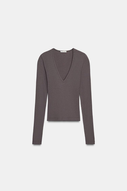 ZARA ТОП В РУБЧИК С ДЛИННЫМИ РУКАВАМИ, КОРИЧНЕВЫЙ