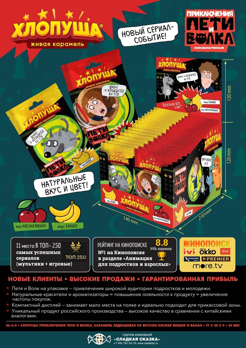 Леденцы-хлопушки ХЛОПУША ПЕТЯ и ВОЛК 7г*48шт (4бл)   HL-2-4