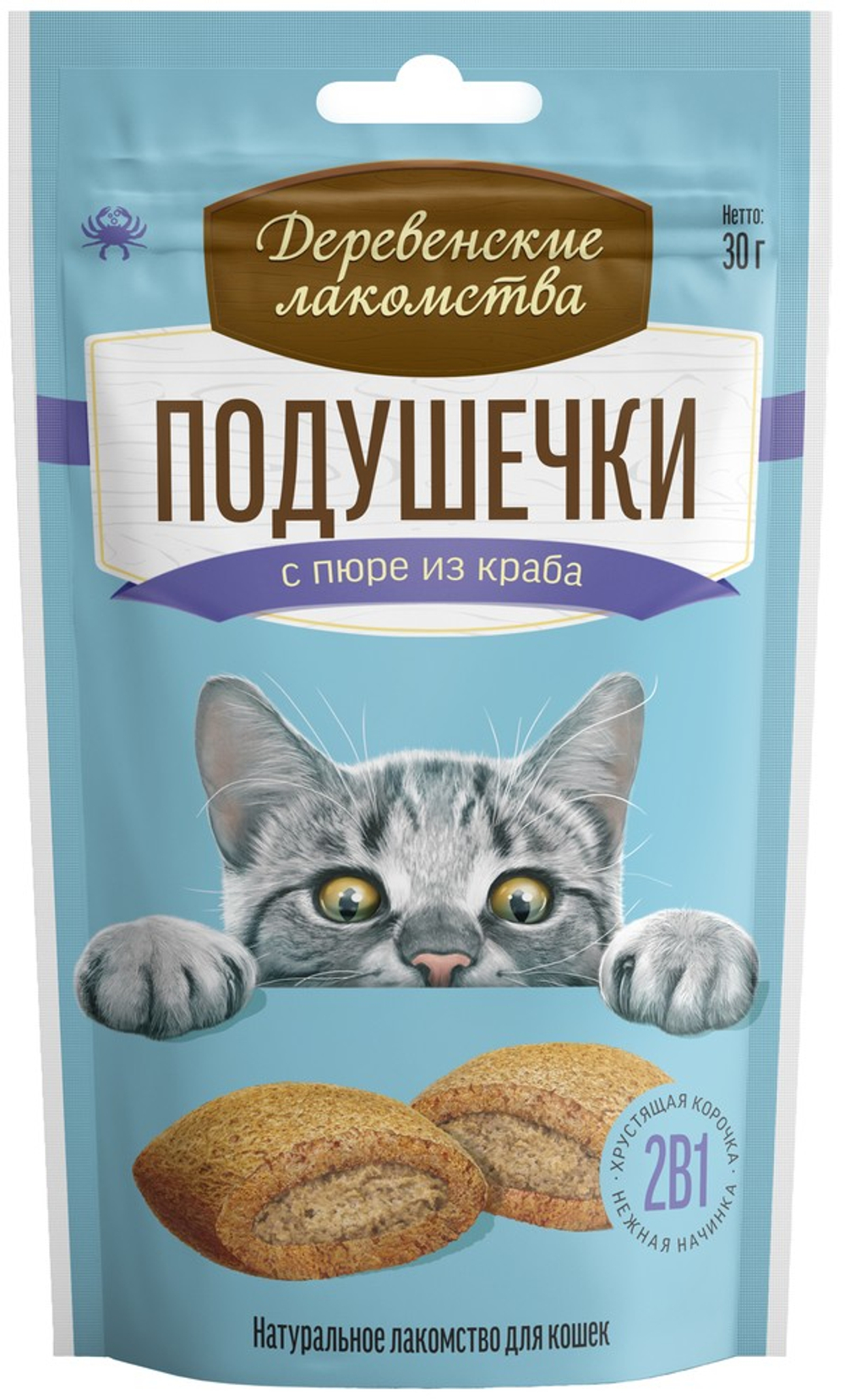 Подушечки Деревенские лакомства с пюре из краба для кошек 30 г