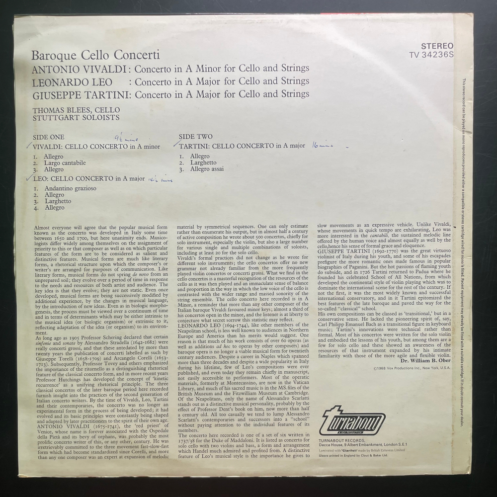 Leonardo Leo / Antonio Vivaldi / Giuseppe Tartini - Thomas Blees, Stuttgart Soloists ‎– Baroque Cello Concerti (Англия 1968г.)
