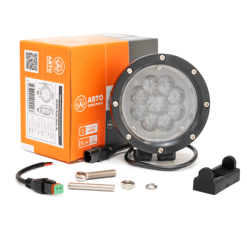 AE45R-9LED-70HC-BL Фара светодиодная дополнительная, круглая 140*70*170, направленный свет, 9 диодов, цвет синий, для подсветки штанг опрыскивателя, 45 Вт, 10-30 В (ан. APOLLO APL5059-045WBL)