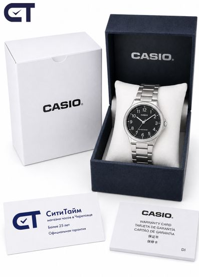 Casio MTP-V002D-1B Standard часы наручные мужские — чёрный циферблат, стальной браслет и дата