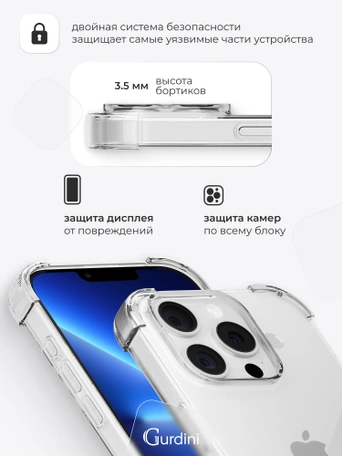 Чехол накладка iPhone 13 Pro 6.1" Gurdini силикон противоударный 1.5 mm прозрачный