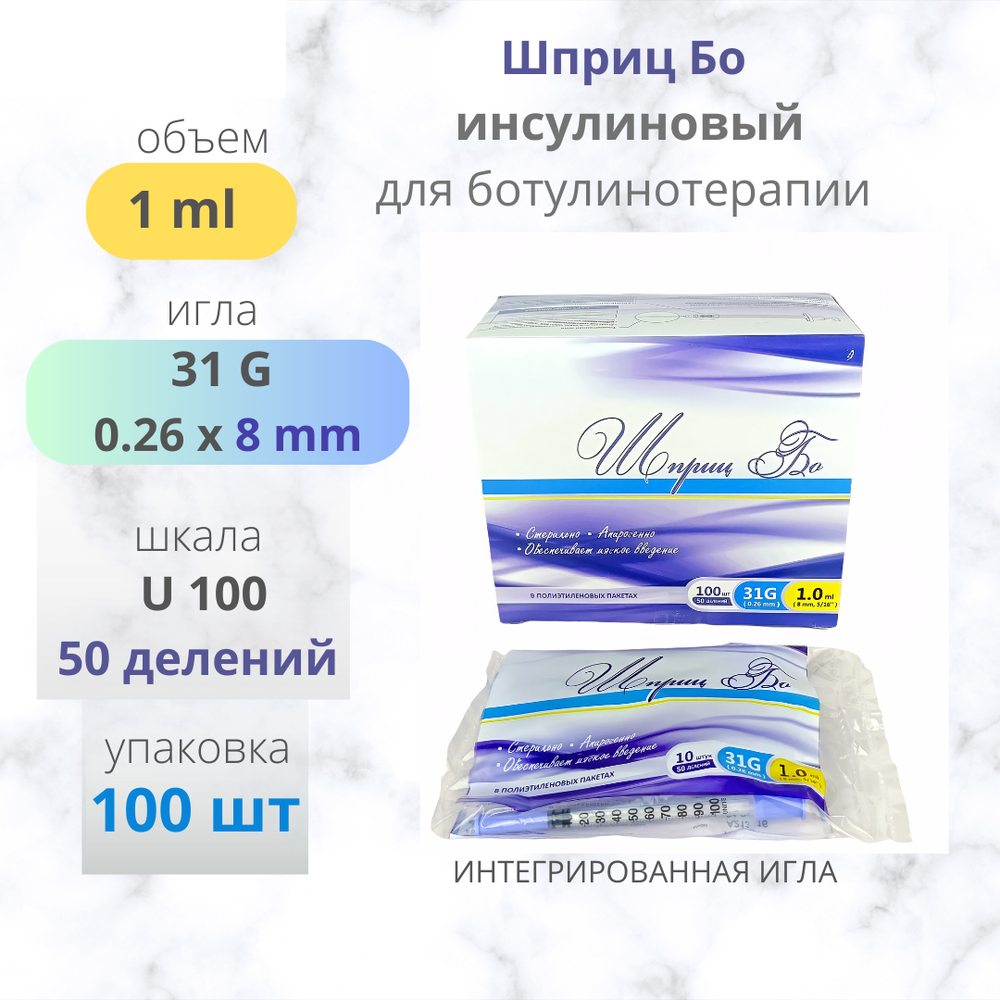 ШПРИЦ БО 1мл 31G 8мм инсулиновый для ботулинотерапии 100шт