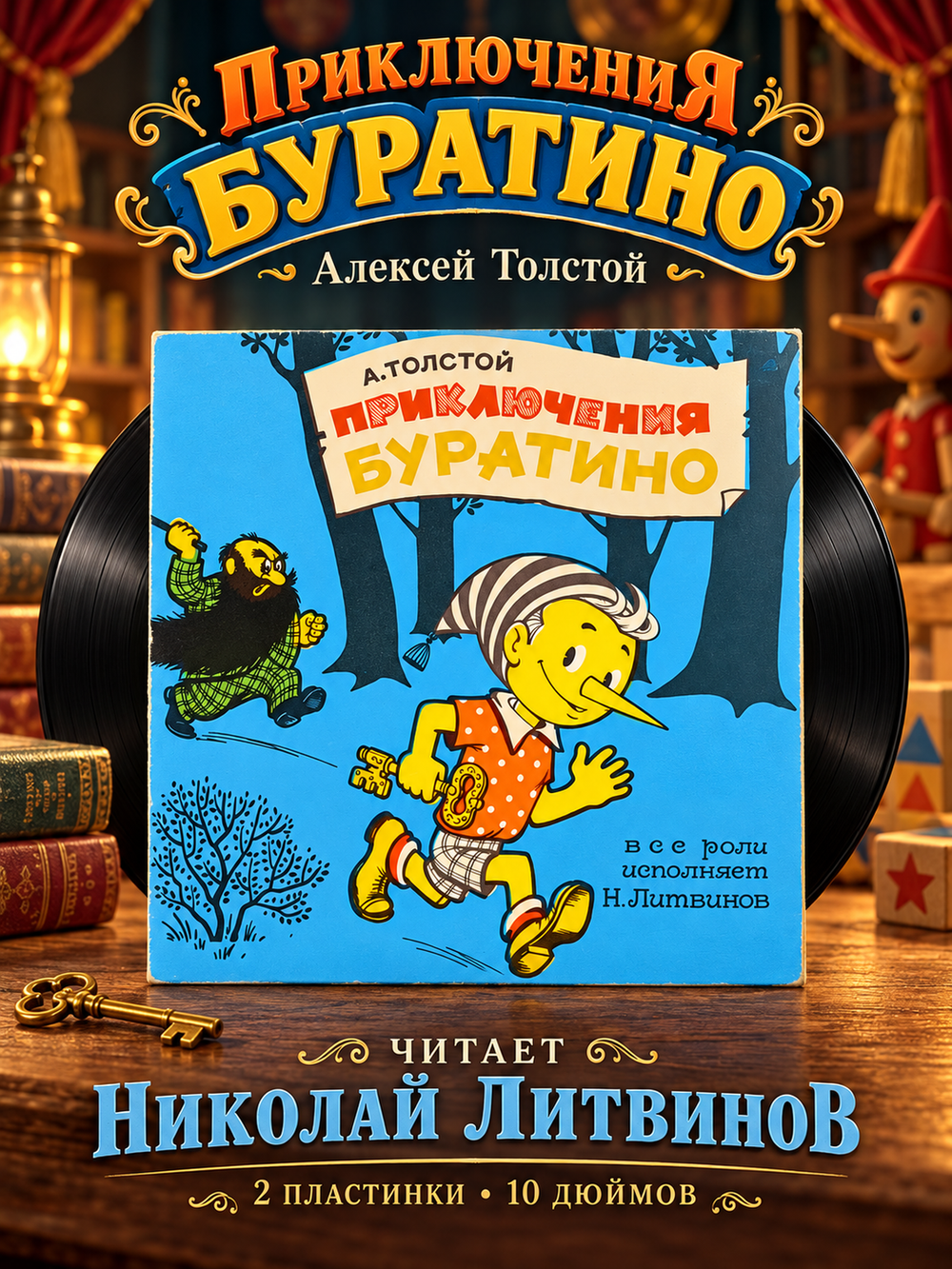 2 EP Приключения Буратино - А. Толстой. Детская сказка. 2 Виниловые пластинки 10 дюймов. Мелодия СССР 1980 г.
