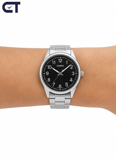 Casio MTP-V005D-1B4 General часы наручные мужские — чёрный циферблат с белыми цифрами и стальной браслет