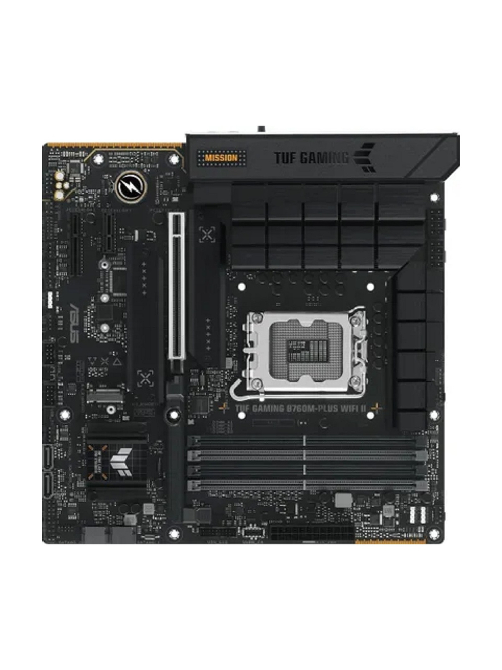 ASUS TUF GAMING B760M-PLUS WIFI II (Socket 1700, mATX, 4xDDR5(192GB),DP/HDMI, 1xPCIe 5.0x16/1xPCIe 4.0x4/1xPCIe 3.0, 1xLAN (2.5GbE), Wi-Fi, BT,4xSATA 6Gb/s, 3xM.2, 1xType-C, 3xUSB 3.2, 4xUSB 2.0)
