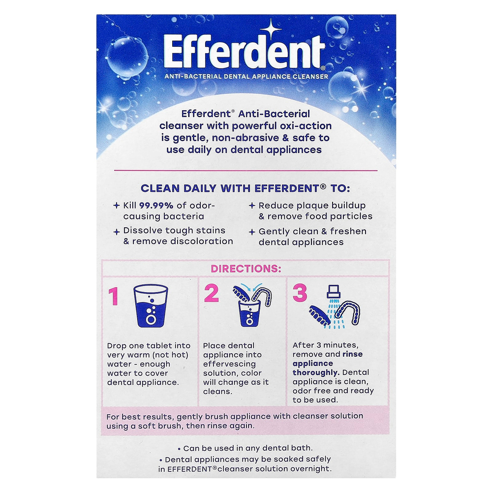 Efferdent, Антибактериальное очищающее средство для стоматологических приборов, комплексное очищение, 102 таблетки