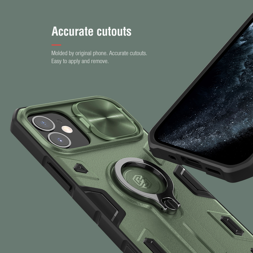 Чехол противоударный от Nillkin зеленого цвета (Dark Green) для iPhone 12 mini, серия CamShield Armor Case, с кольцом и металлической защитной шторкой для камеры