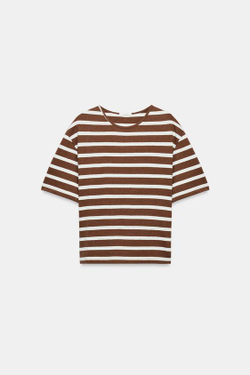 ZARA ФУТБОЛКА В ПОЛОСКУ С КОРОТКИМИ РУКАВАМИ, КОРИЧНЕВЫЙ
