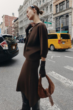 ZARA ТРИКОТАЖНАЯ ЮБКА МИДИ, КОРИЧНЕВЫЙ