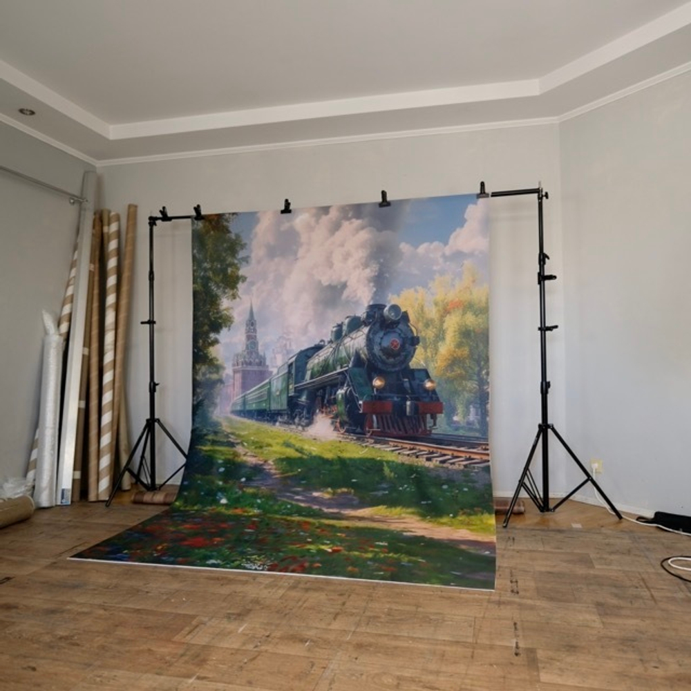 Паровоз - фон в фиксированном размере неопреновый составной (склейка) 200-300 см
